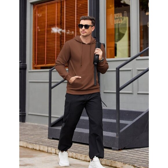 Coofandy Men Brown Pullover Long Sleeve Drawstring Gym Hoodies Sweatshirt - Picture 5 of 5